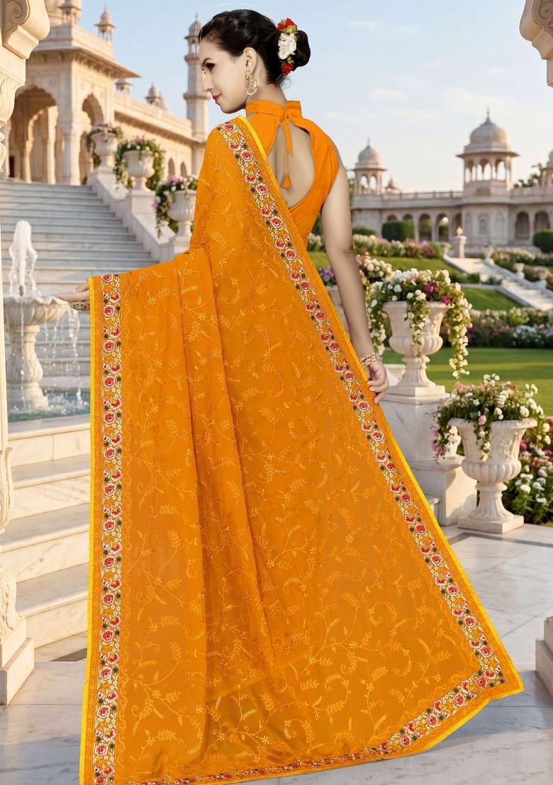 Mustard Georgette Saree Set with Embroidery for Diwali | Wedding & Festive Wear - Indya