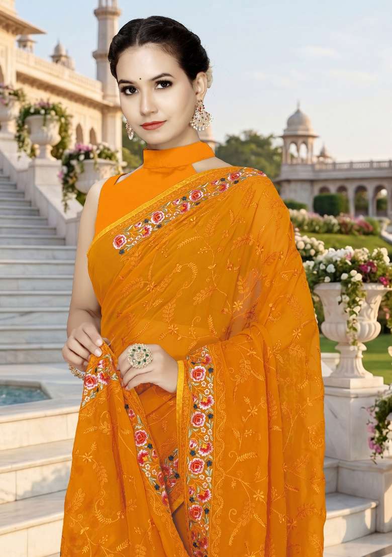 Mustard Georgette Saree Set with Embroidery for Diwali | Wedding & Festive Wear - Indya