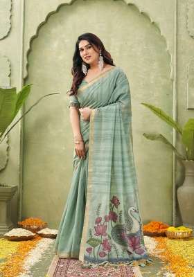 Sea Green Printed Cotton Saree Set