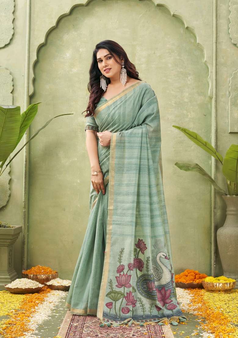 Sea Green Printed Cotton Saree Set - Indya