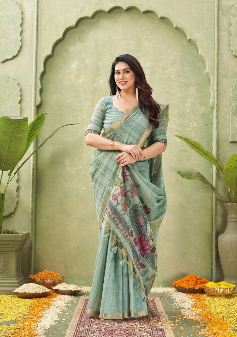 Sea Green Printed Cotton Saree Set - Indya
