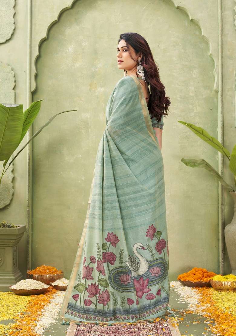 Sea Green Printed Cotton Saree Set - Indya