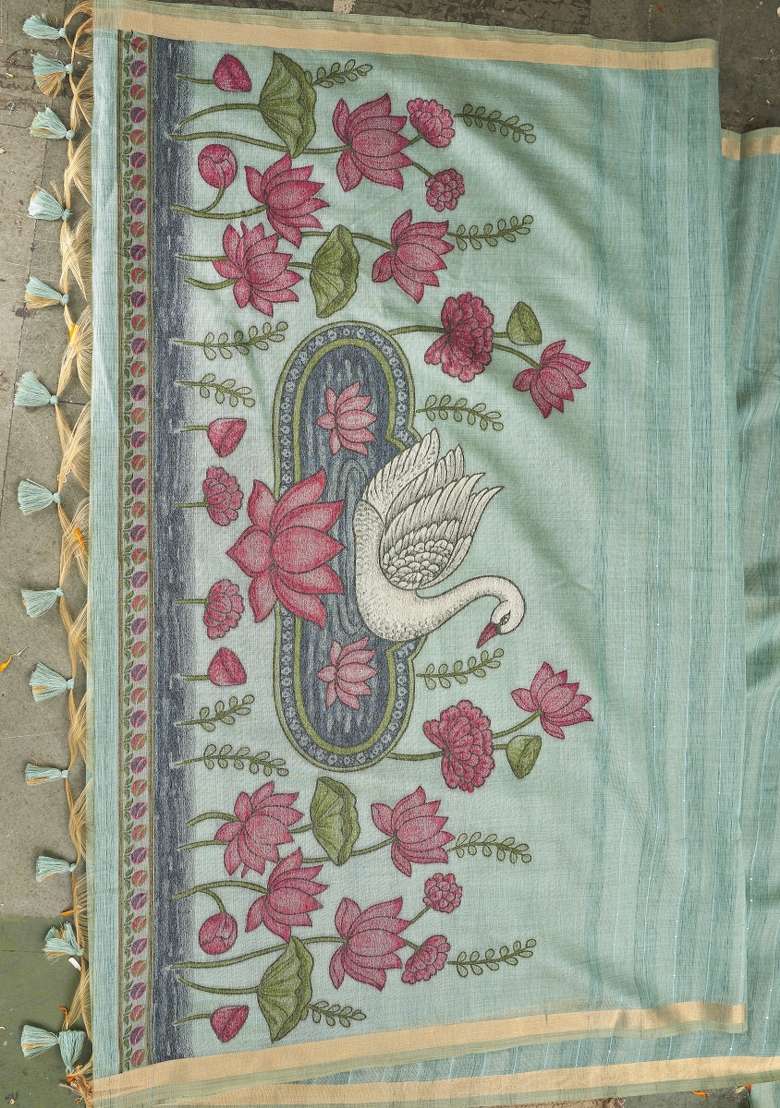Sea Green Printed Cotton Saree Set - Indya