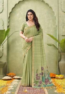 Green Printed Cotton Saree Set
