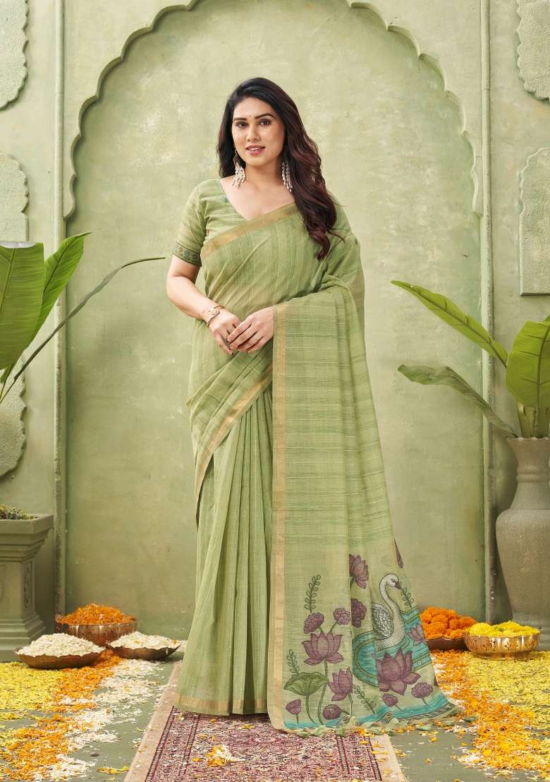Green Printed Cotton Saree Set - Indya