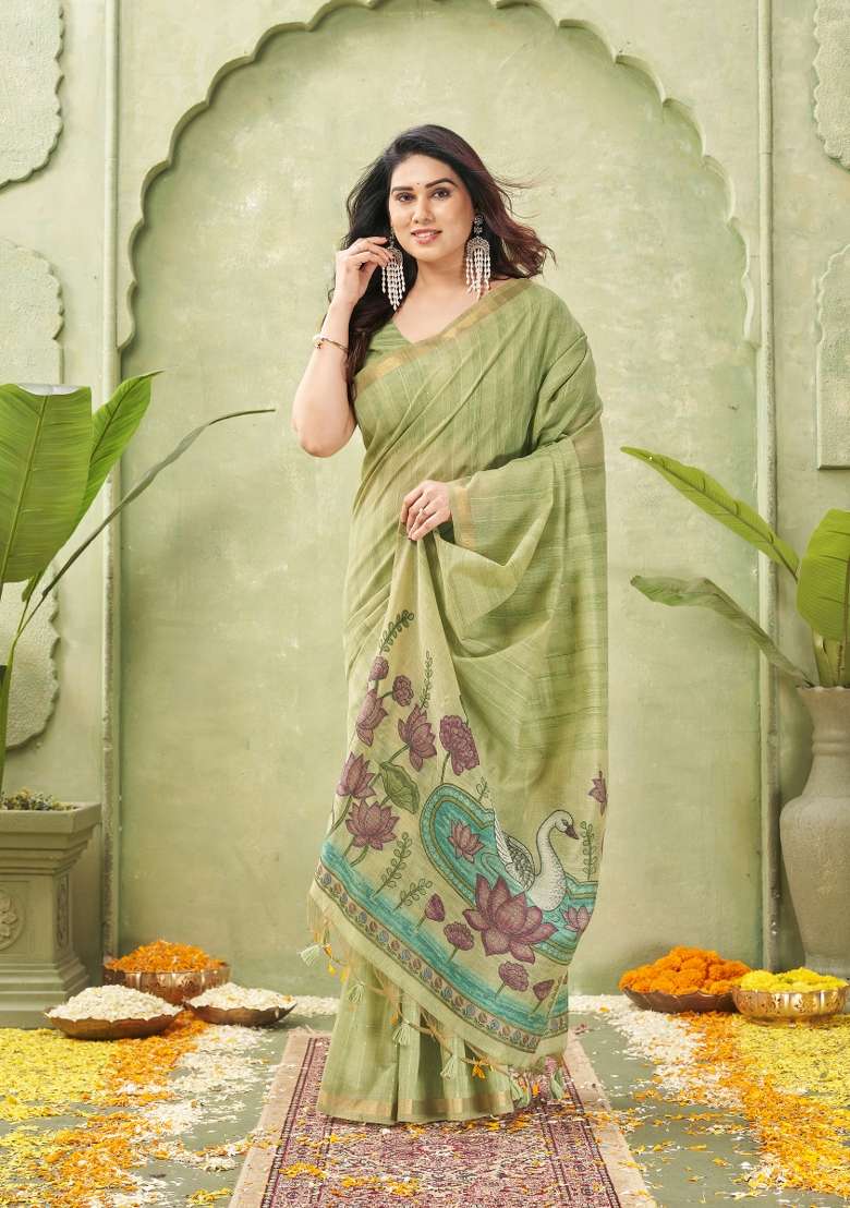 Green Printed Cotton Saree Set - Indya