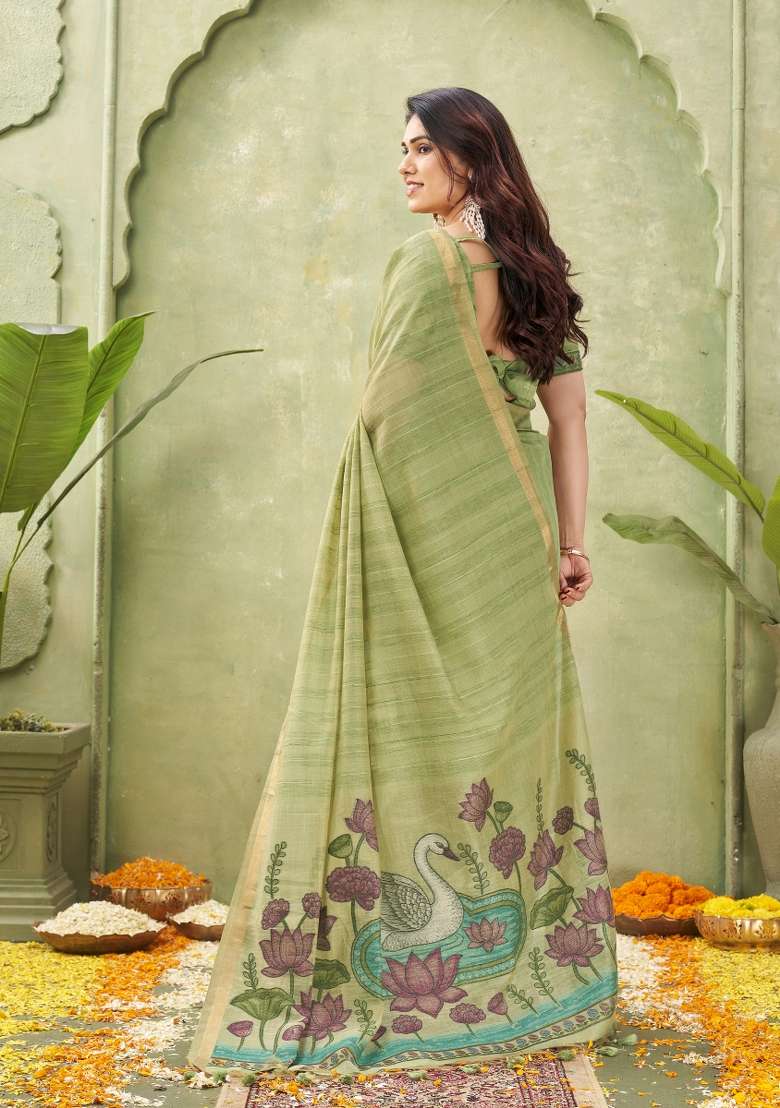 Green Printed Cotton Saree Set - Indya