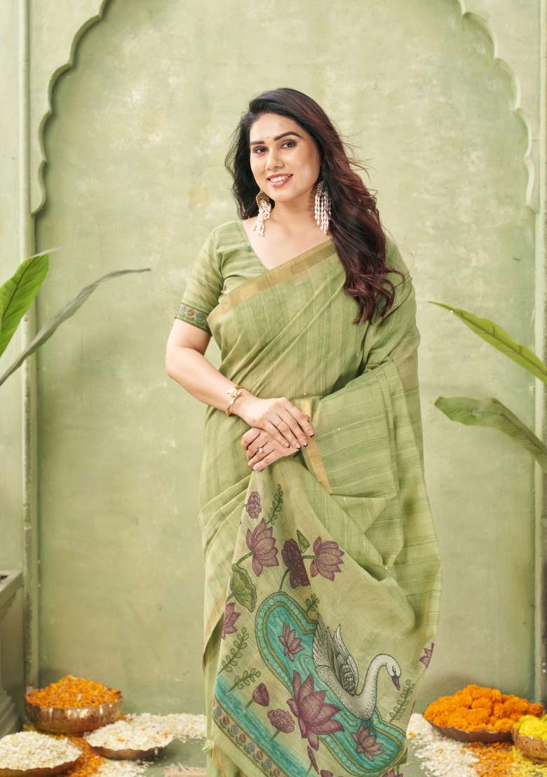 Green Printed Cotton Saree Set - Indya
