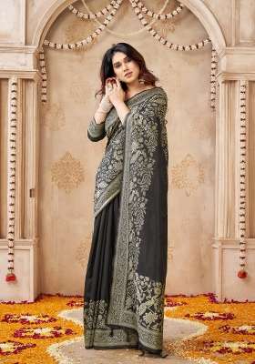 Black Printed Silk Saree Set
