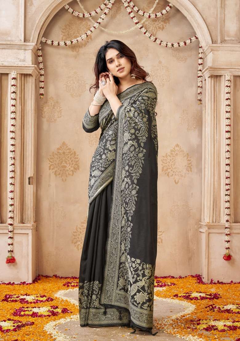 Black Printed Silk Saree Set - Indya