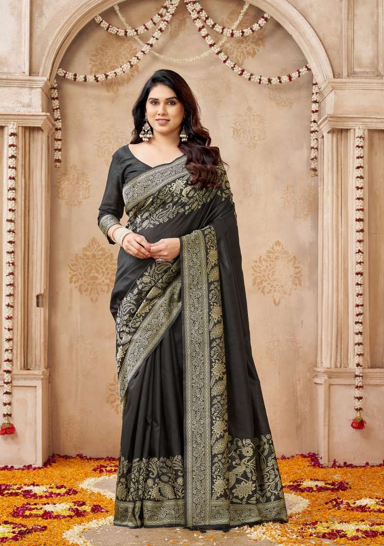 Black Printed Silk Saree Set - Indya