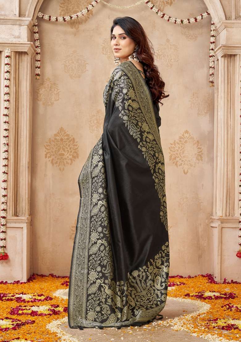 Black Printed Silk Saree Set - Indya