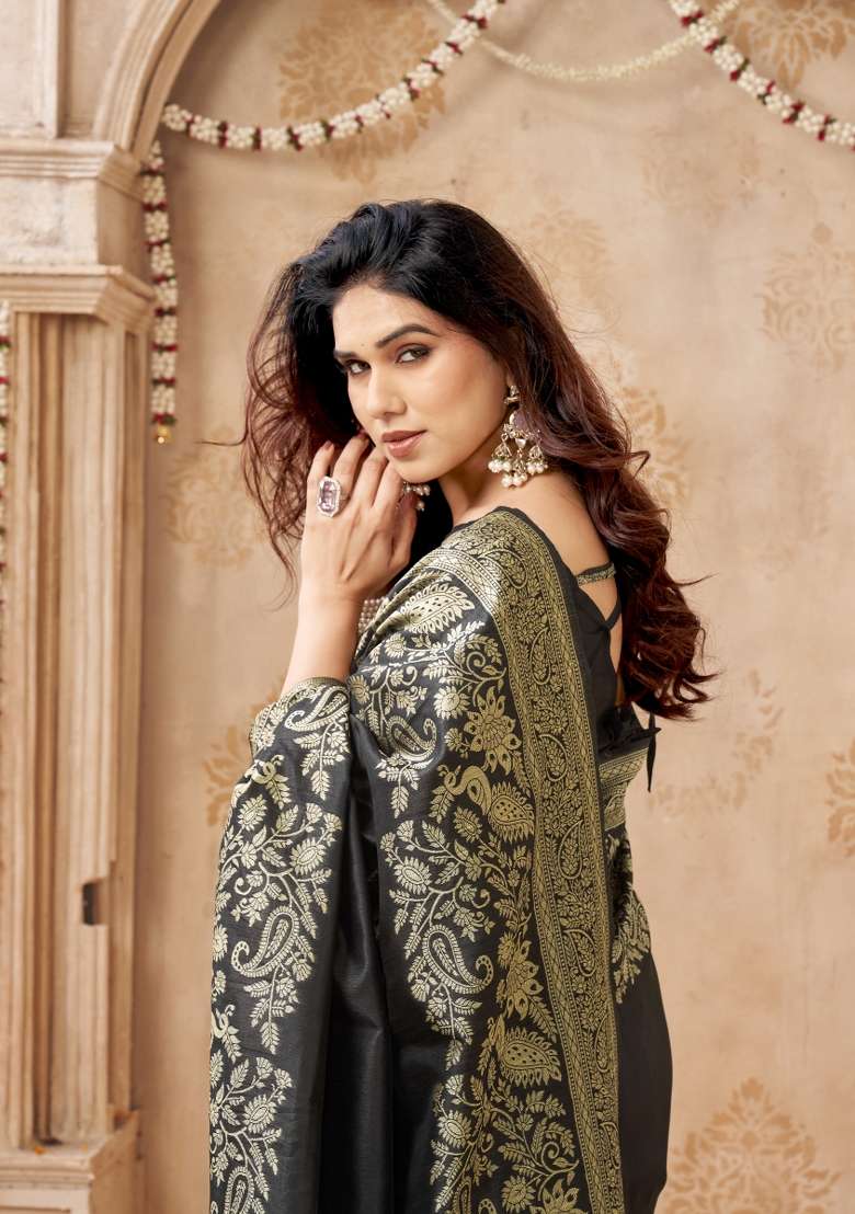 Black Printed Silk Saree Set - Indya