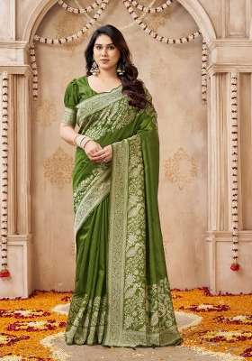 Mehendi Green Printed Silk Saree Set