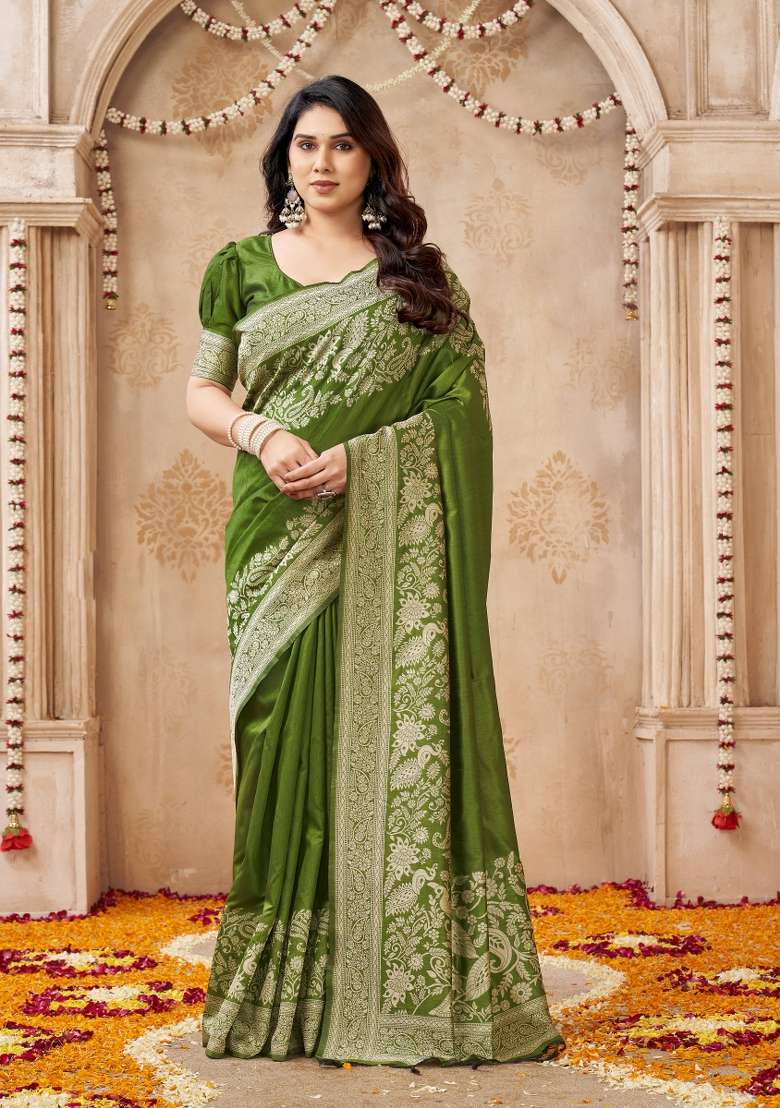 Mehendi Green Printed Silk Saree Set - Indya