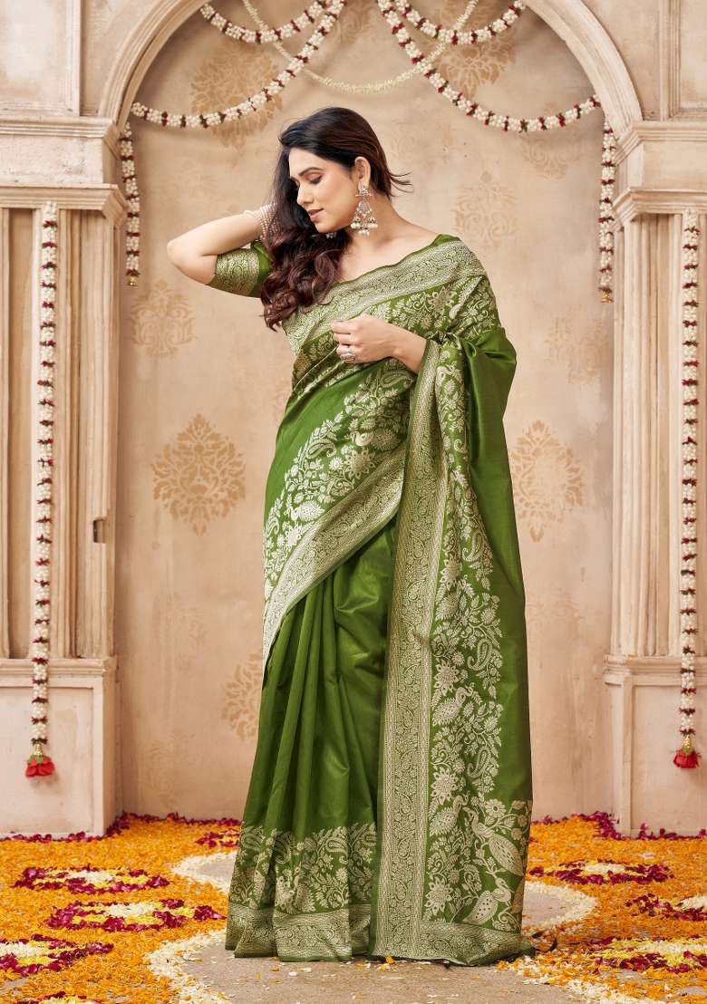 Mehendi Green Printed Silk Saree Set - Indya