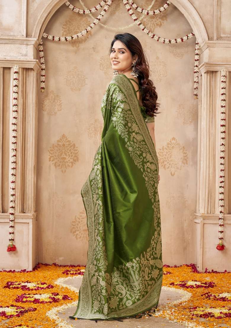 Mehendi Green Printed Silk Saree Set - Indya
