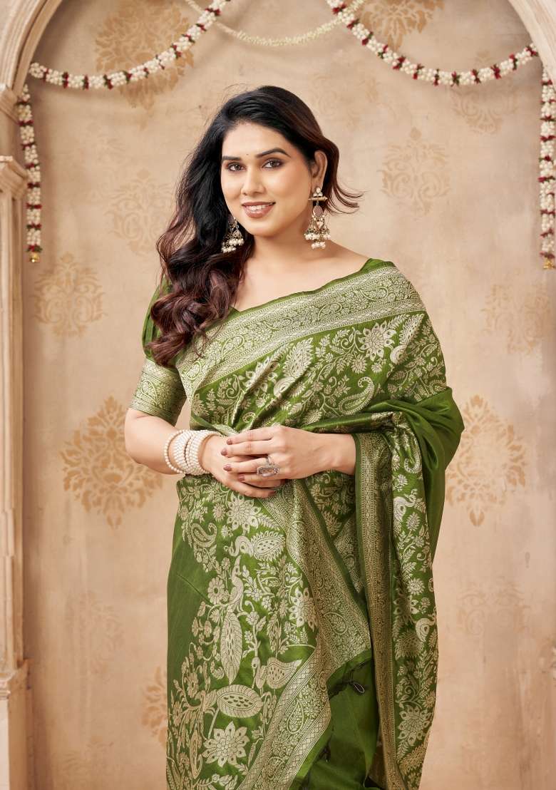Mehendi Green Printed Silk Saree Set - Indya
