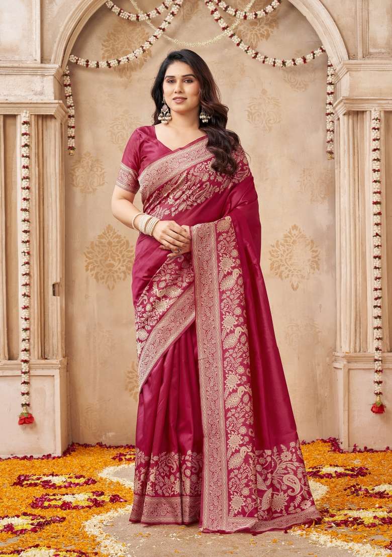 Red Printed Silk Saree Set - Indya