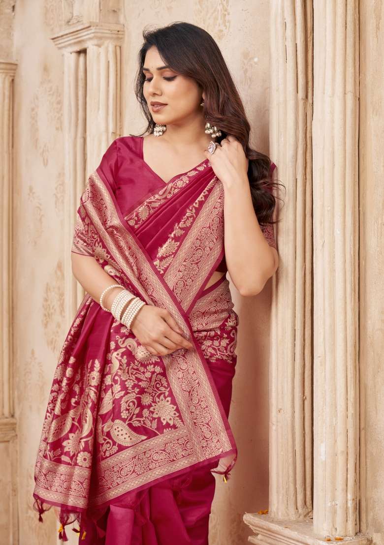 Red Printed Silk Saree Set - Indya