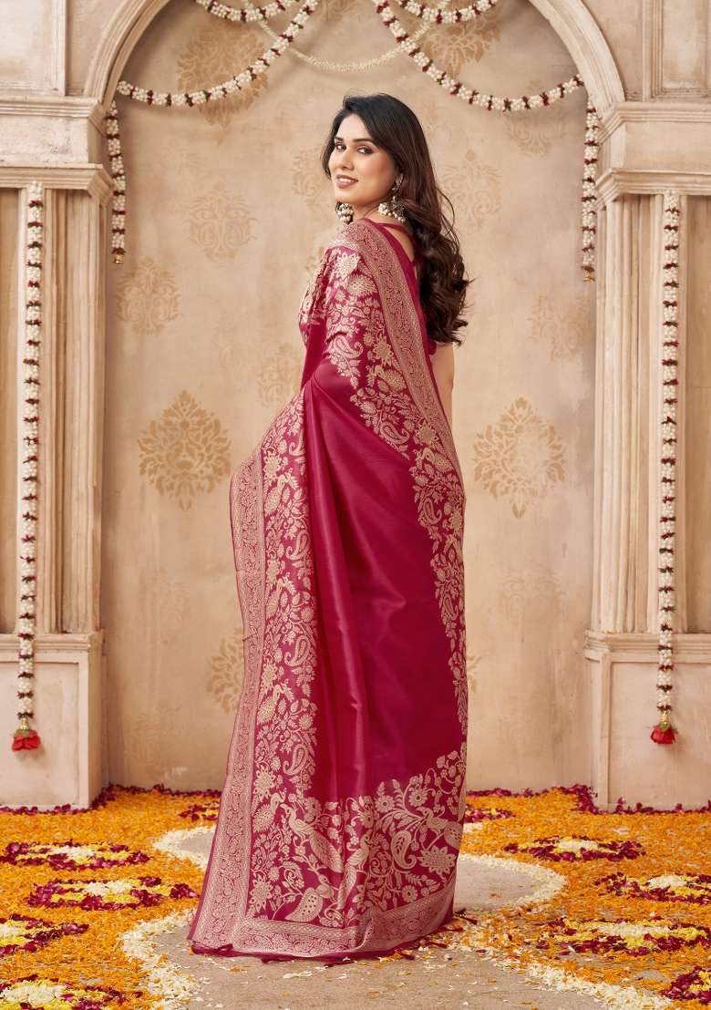Red Printed Silk Saree Set - Indya
