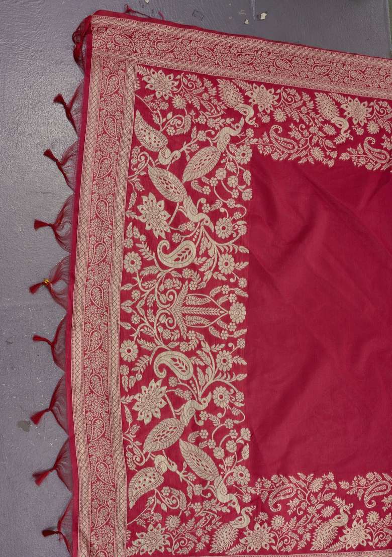 Red Printed Silk Saree Set - Indya