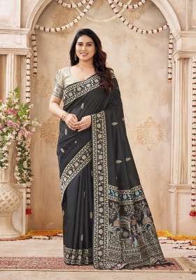 Black Printed Silk Saree Set