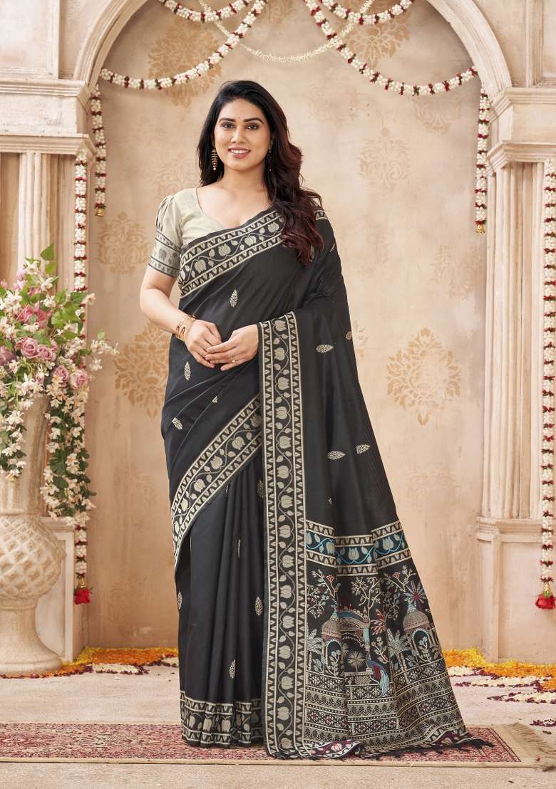 Black Printed Silk Saree Set - Indya