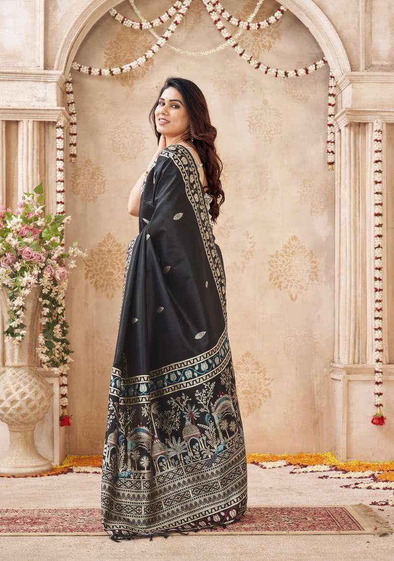 Black Printed Silk Saree Set - Indya