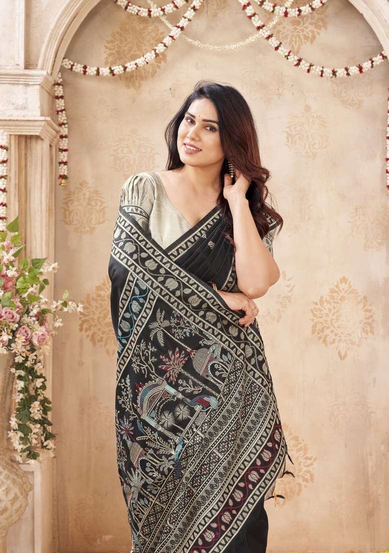 Black Printed Silk Saree Set - Indya