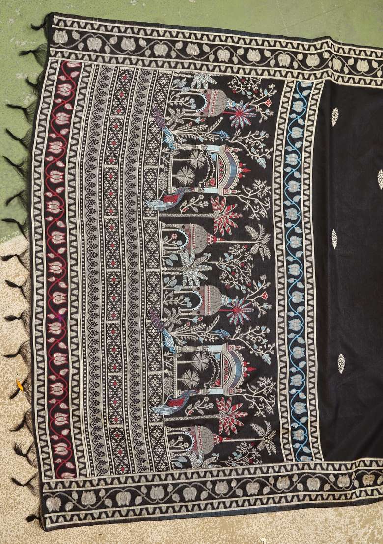 Black Printed Silk Saree Set - Indya