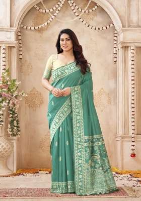 Teal Blue Printed Silk Saree Set