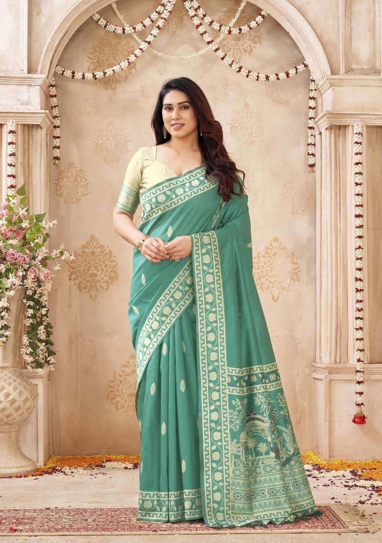 Teal Blue Printed Silk Saree Set - Indya
