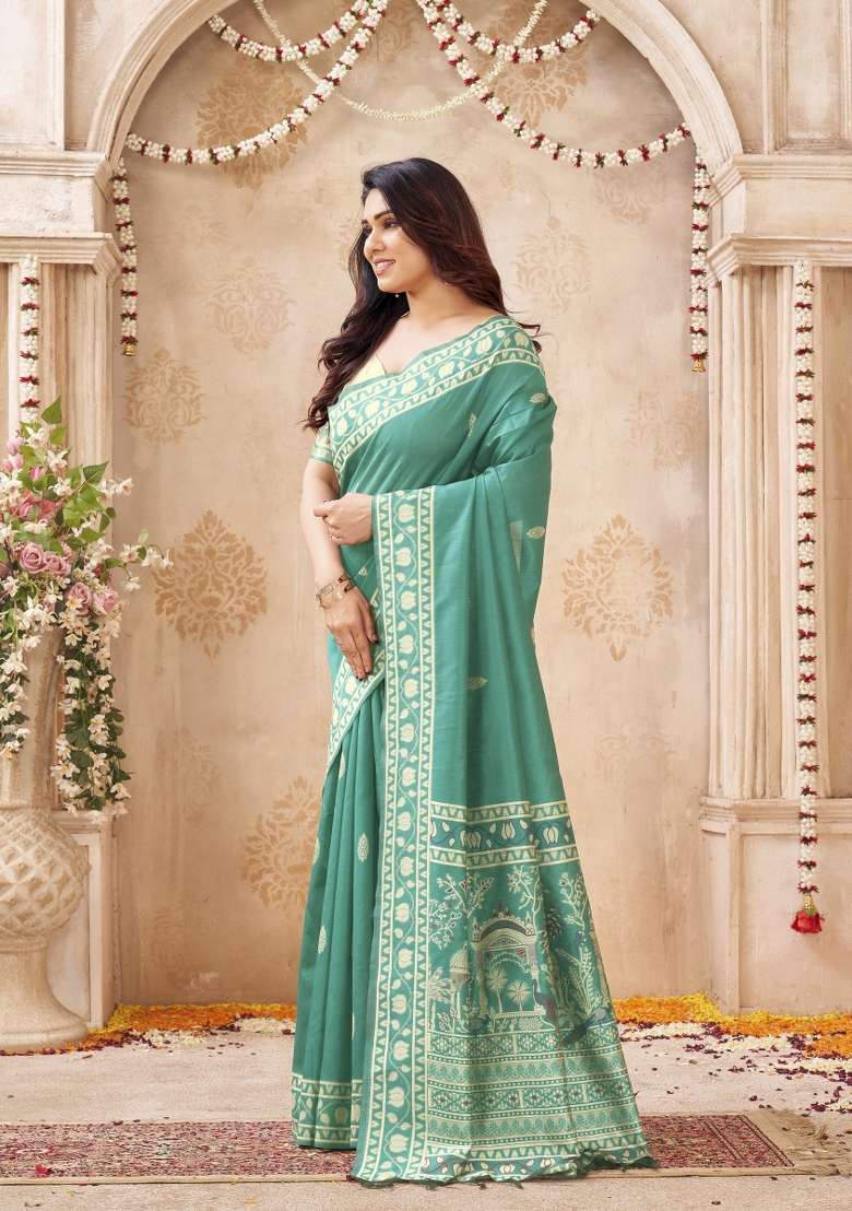 Teal Blue Printed Silk Saree Set - Indya