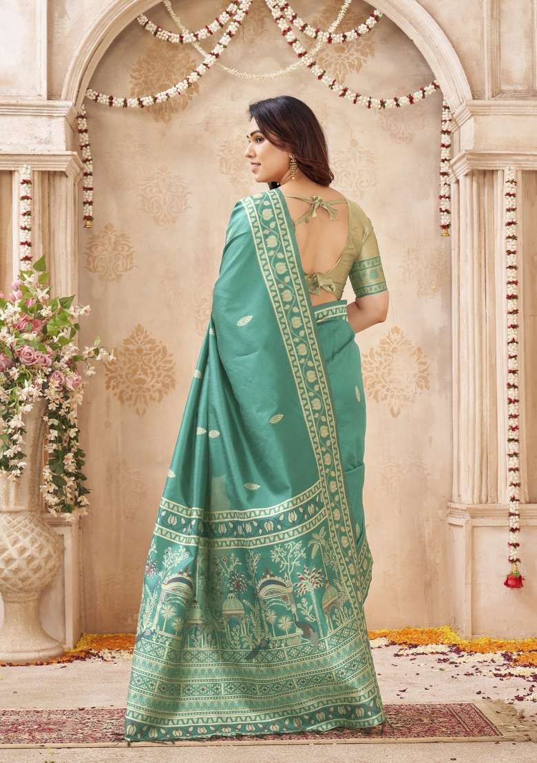 Teal Blue Printed Silk Saree Set - Indya