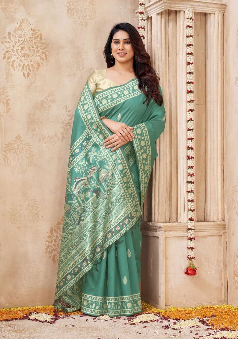 Teal Blue Printed Silk Saree Set - Indya