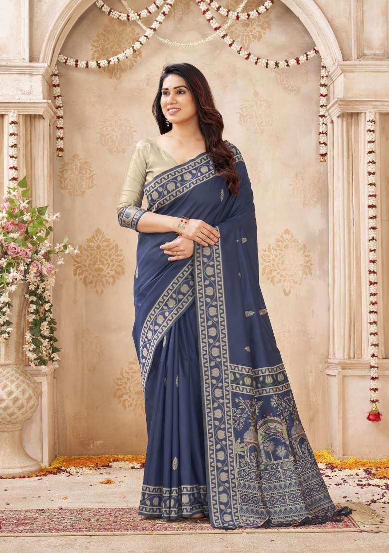 Teal Green Printed Silk Saree Set - Indya
