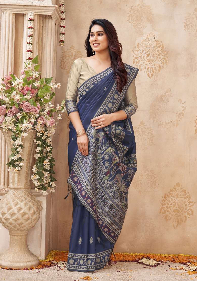 Teal Green Printed Silk Saree Set - Indya