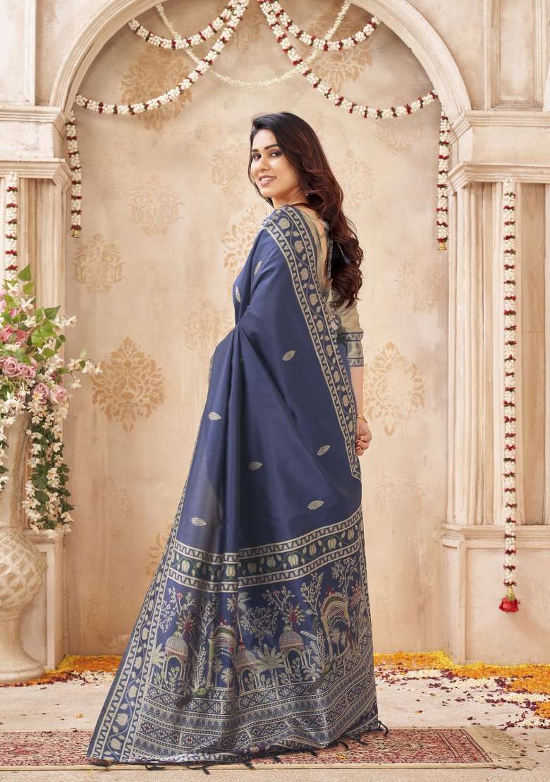 Teal Green Printed Silk Saree Set - Indya
