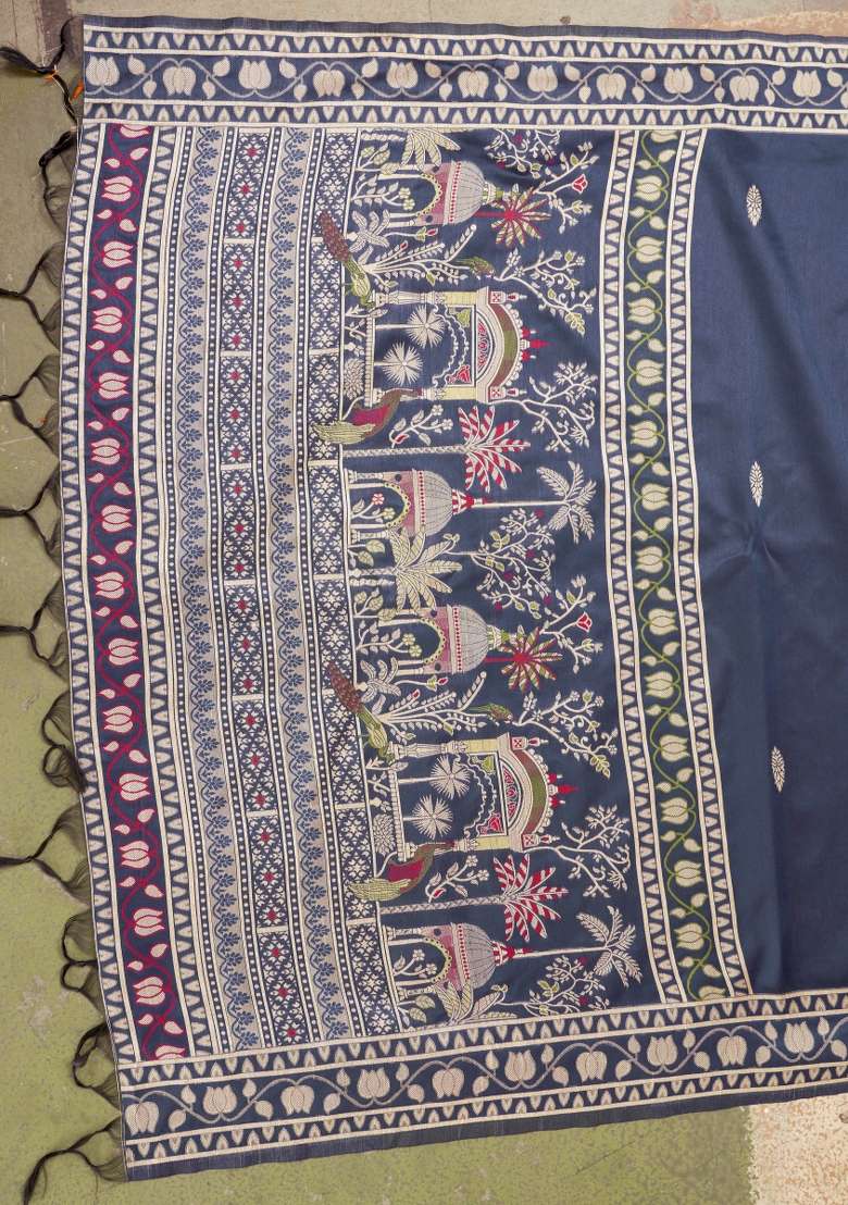 Teal Green Printed Silk Saree Set - Indya