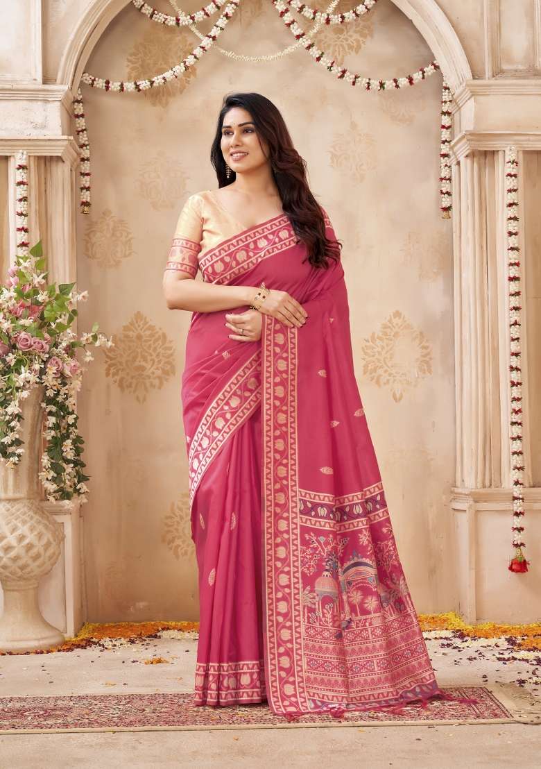 Rani Pink Printed Silk Saree Set - Indya