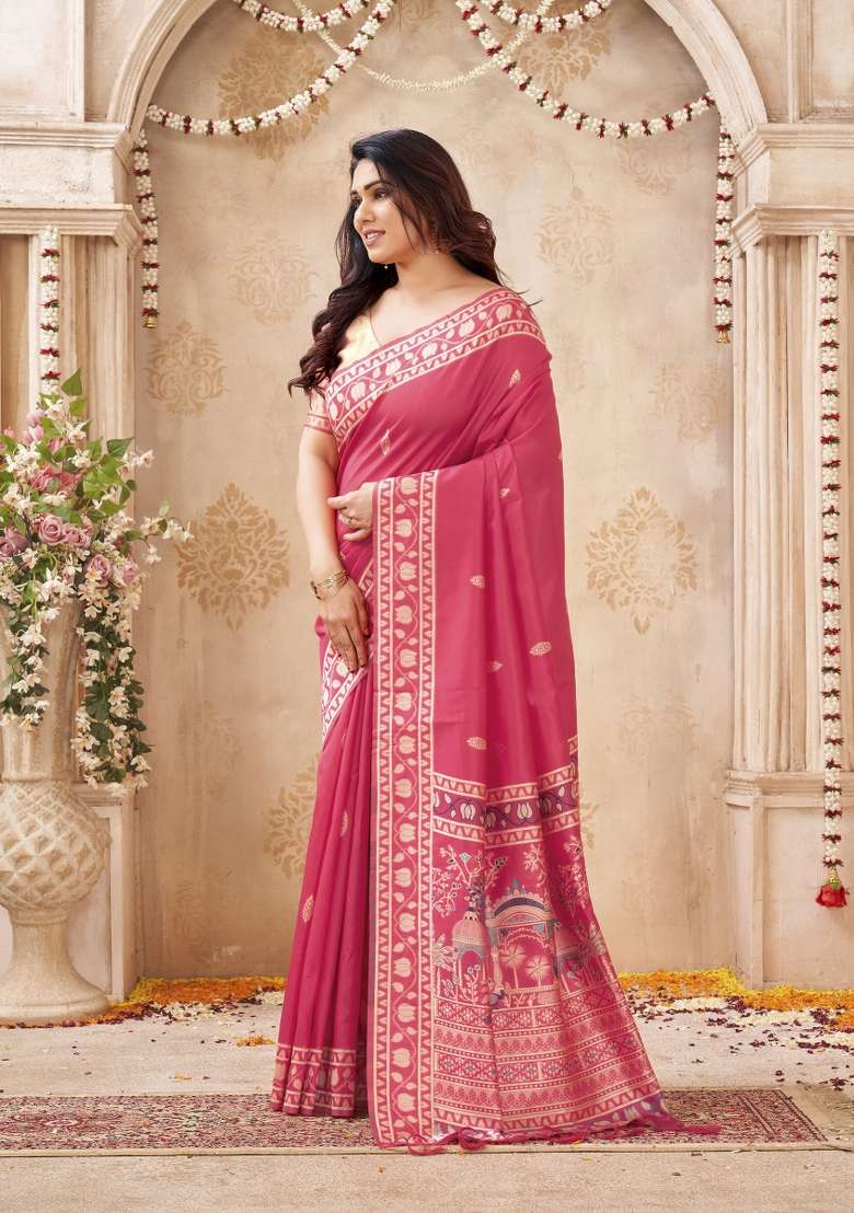 Rani Pink Printed Silk Saree Set - Indya