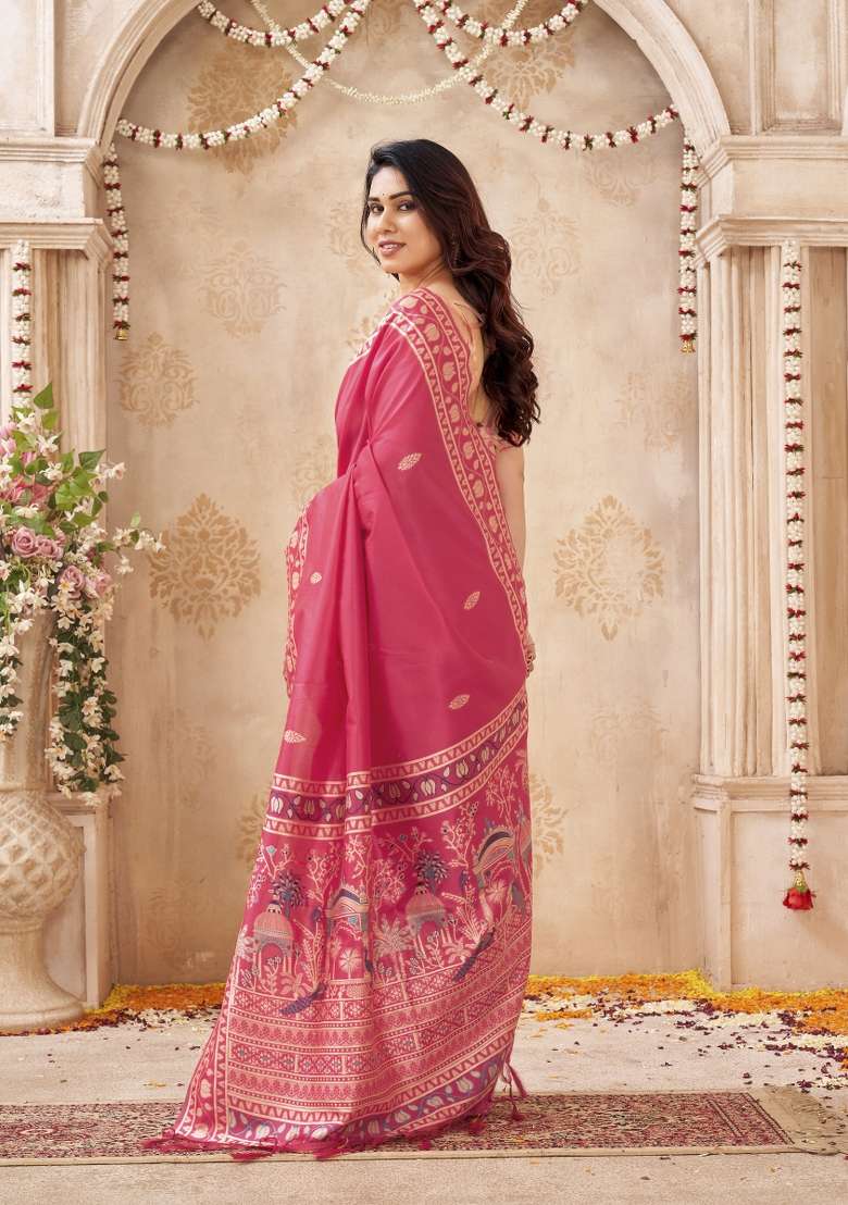 Rani Pink Printed Silk Saree Set - Indya