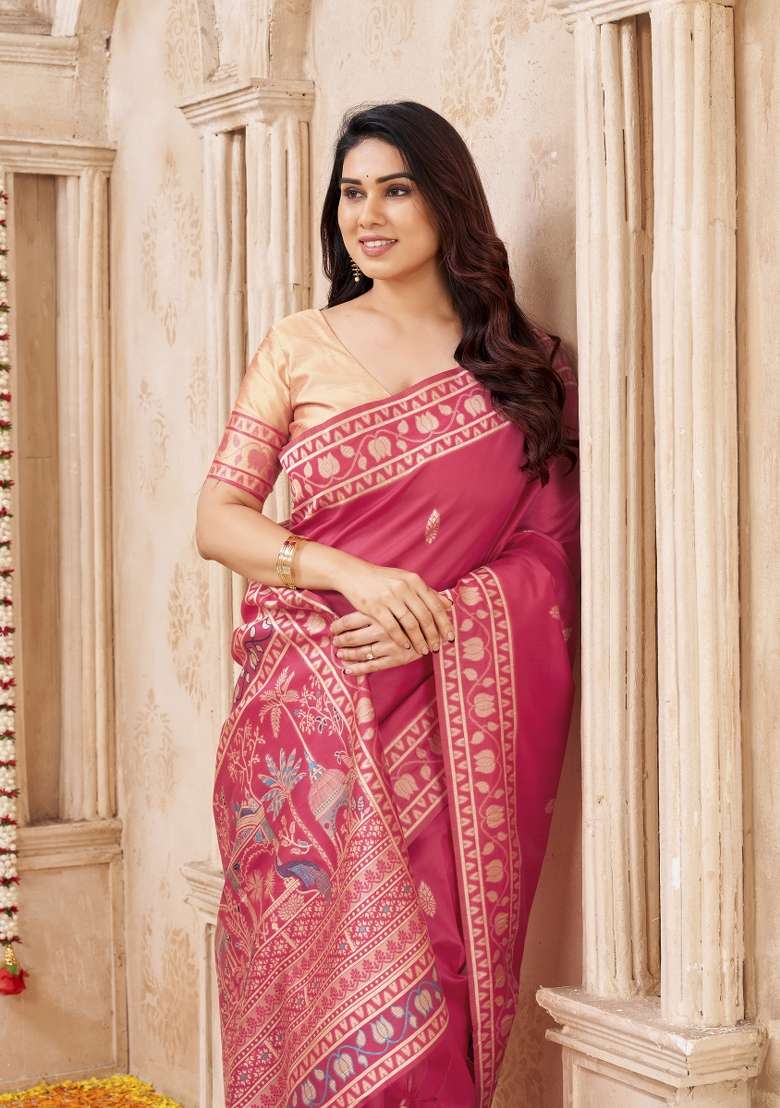 Rani Pink Printed Silk Saree Set - Indya