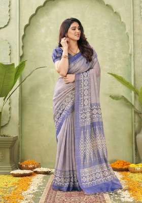Dusty Blue Printed Linen Saree Set