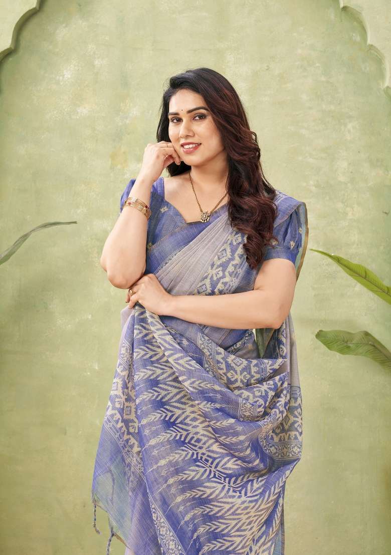 Dusty Blue Printed Linen Saree Set - Indya
