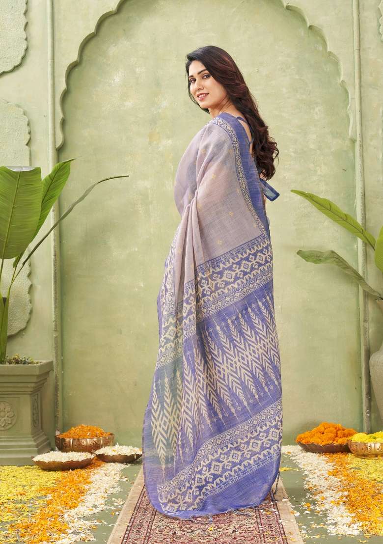 Dusty Blue Printed Linen Saree Set - Indya
