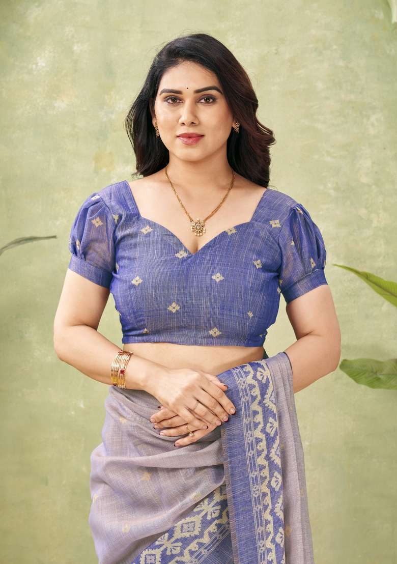 Dusty Blue Printed Linen Saree Set - Indya