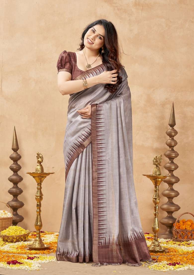 Light Grey Printed Silk Saree Set - Indya