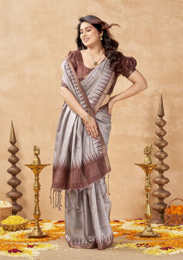 Light Grey Printed Silk Saree Set - Indya